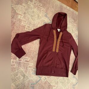 Lucky brand full zip embroidered burgundy and orange hoodie front pockets